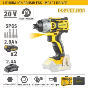UYUS ATORNILLADOR DE IMPACTO INALÁMBRICO SIN CARBONES DE 1/4 – 20V/180NM/2.0A