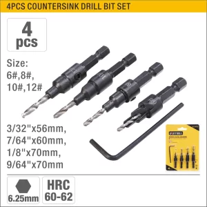 UYUS JUEGO DE 4 PCS DE BROCAS AVELLANADORAS DE MANGO HEXAGONAL – 6#8#10#12#