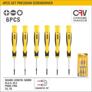 UYUS JUEGO DE 6 PCS DE DESTORNILLADORES DE PRECISIÓN CON MANGO TPR – 2.5X50MM;3.0X50MM;PH00X50MM;PH0X50MM;T5X50MM;T6X50MM