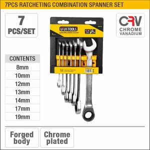 UYUS JUEGO DE 7 PCS DE LLAVES COMBINADAS BOCA-RACHA-CORONA – 8,10,12,13,14,17,19MM