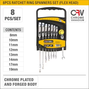 UYUS JUEGO DE 8 PCS DE LLAVES COMBINADAS BOCA-RACHA-CORONA CON CABEZAL FLEXIBLE – 8,10,11,12,13,14,17,19MM