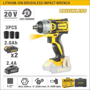 UYUS PISTOLA DE IMPACTO INALÁMBRICO SIN CARBONES DE 1/2 – 20V/300NM/2.0A