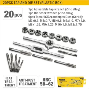 UYUS JUEGO DE 20 PCS DE MACHUELOS Y TARRAJAS EN CAJA PLÁSTICA – M3,M4,M5,M6,M7,M8,M9,M10,M12