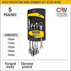 UYUS JUEGO DE 5 PCS DE LLAVES COMBINADAS RACHA CON CABEZAL FLEXIBLE – 10, 11, 13, 14, 15MM