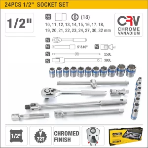 UYUS JUEGO DE 24 PCS DE DADOS DE ACERO (CROMO VANADIO) – 1/2″