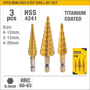 UYUS JUEGO DE 3 PCS DE MINI BROCAS ESCALONADAS PARA TALADRO – 4-12 MM, 3- 12 MM, 4-20 MM