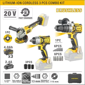 UYUS KIT DE INALÁMBRICO (AMOLADORA+TALADRO+LLAVE IMPACTO) – 20V/4.0AhX3